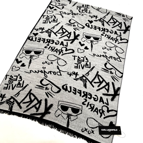 Karl Lagerfeld Paris Reversible Scarf Graffiti Eiffel Tower Cat Print Black Gray - Picture 5 of 6